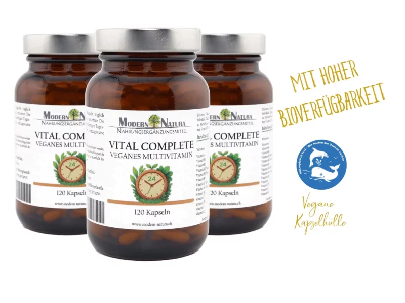 Vital Complete 24 triple pack with three vegan multivitamin jars on a bright product view