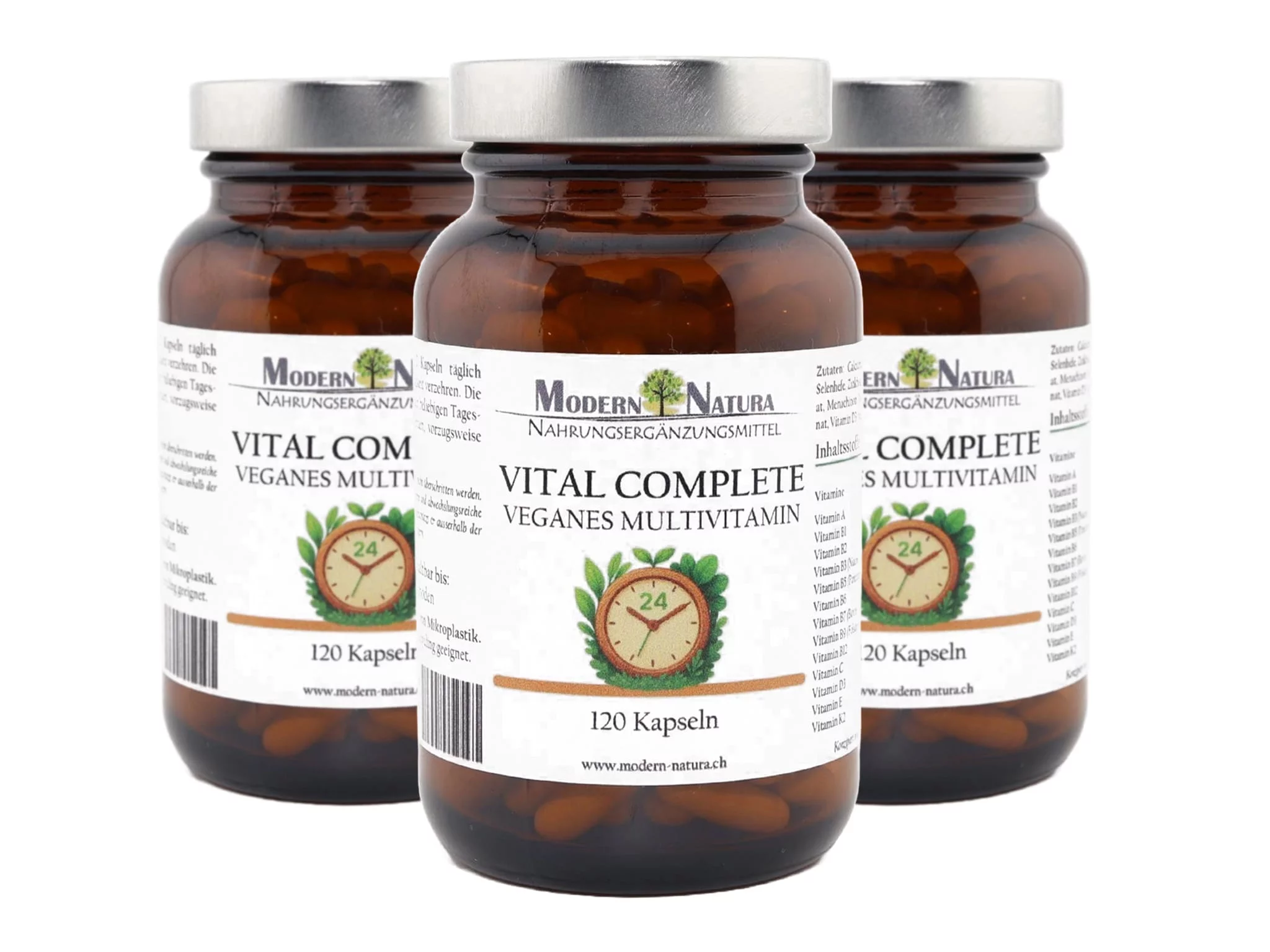 Vital Complete 24 Tripack capsule multivitaminiche vegane in confezione di vetro, altra vista
