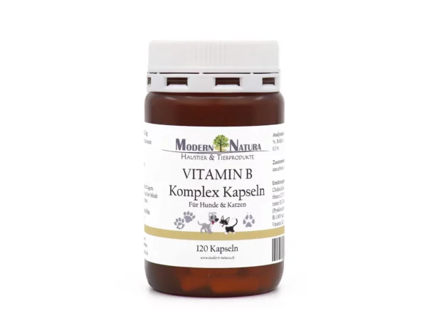 Vitamin B Complex capsules for dogs and cats in a brown jar with a white screw cap