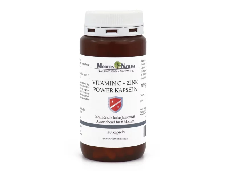 Vitamin C Zink Power Kapseln in brauner Glasdose mit weissem Schraubdeckel und Frontetikett