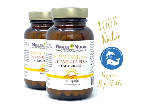 Capsules Vitamine D3 Force Solaire Pack Double avec deux flacons de 90 capsules en vue produit