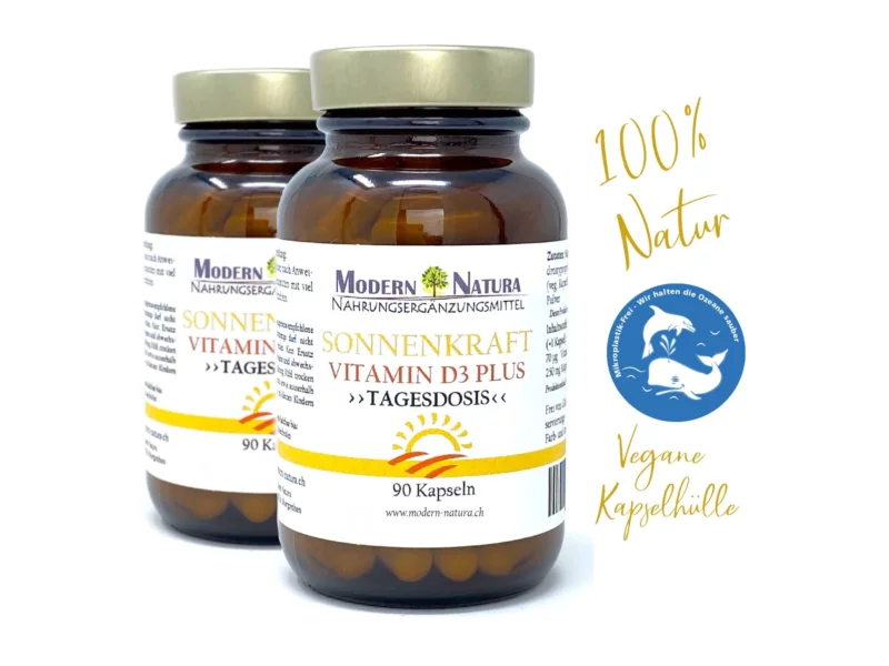 Vitamin D3 Kapseln Sonnenkraft Doppelpack mit zwei Gläsern à 90 Kapseln auf Produktansicht