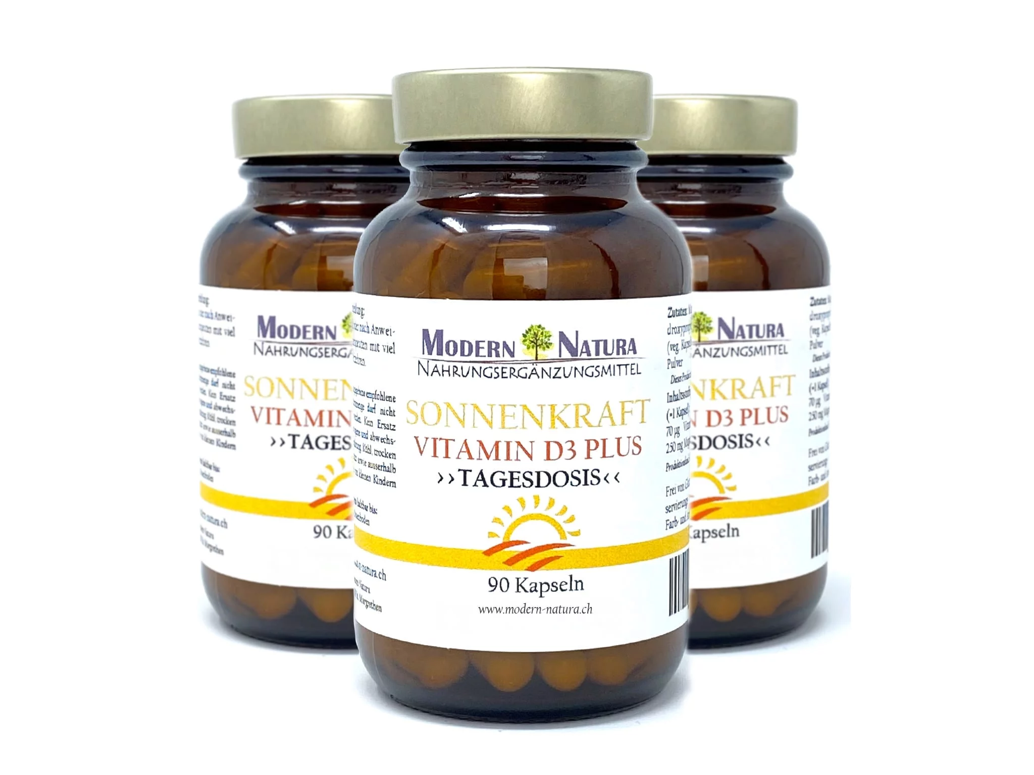 Vitamin D3 Kapseln Sonnenkraft Dreierpack in einer ergänzenden Produktansicht.