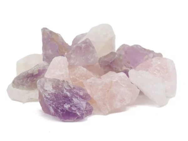 Water stone basic mix with amethyst, rock crystal, and rose quartz as overall view