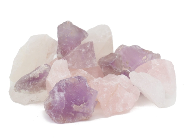 Water stone basic mix with amethyst, rock crystal, and rose quartz as close-up view