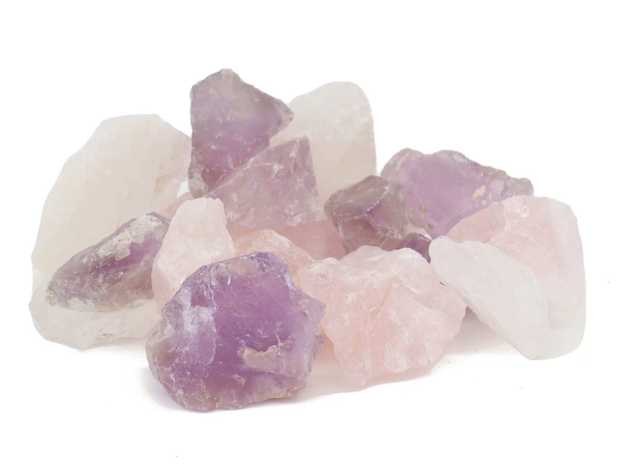 Water stone basic mix with amethyst, rock crystal, and rose quartz as close-up view
