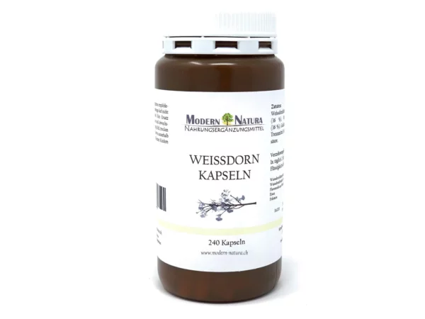 Weissdorn Kapseln in brauner Glasflasche mit weissem Schraubdeckel auf weissem Hintergrund