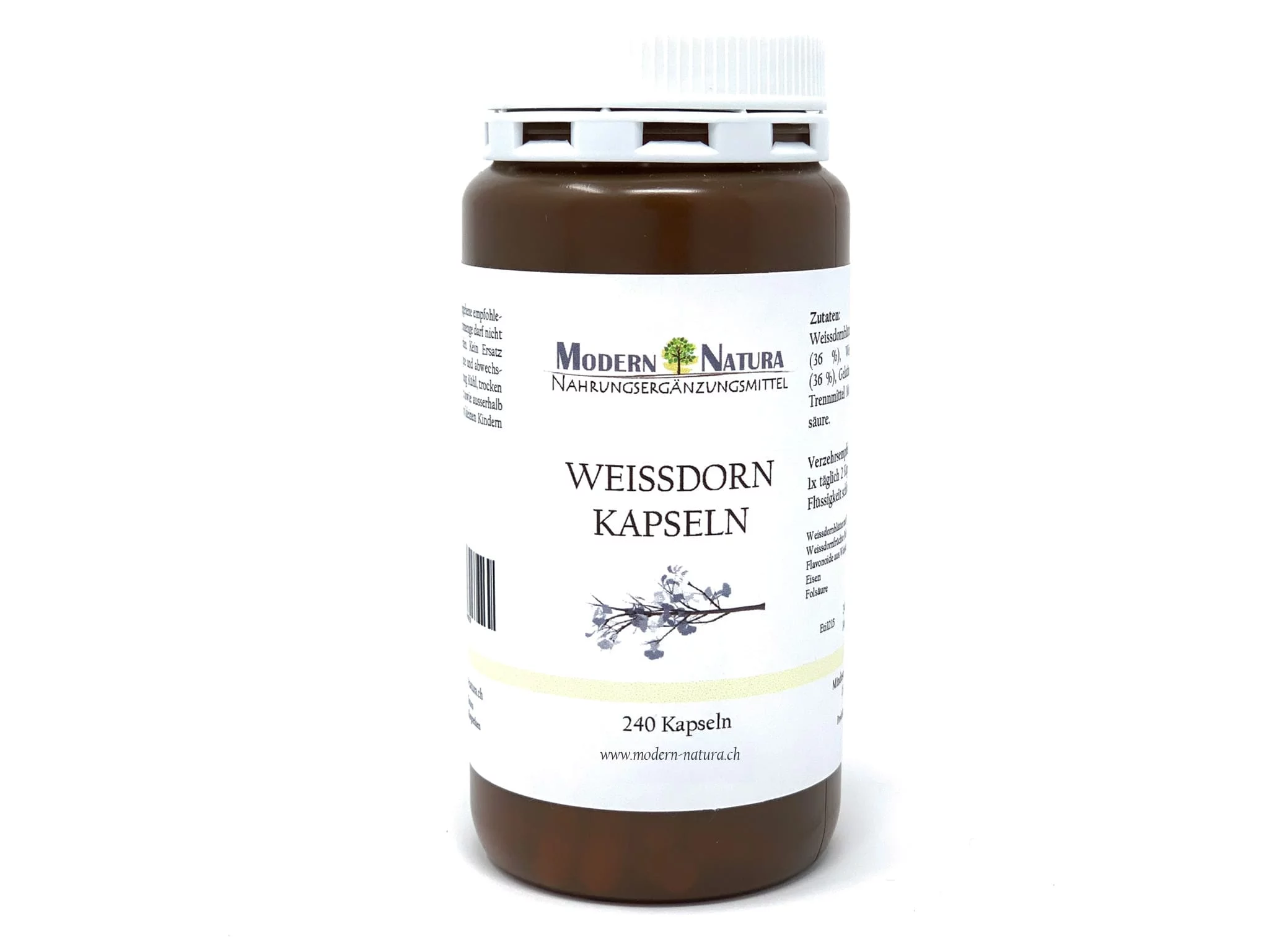 Weissdorn Kapseln in brauner Glasflasche mit weissem Schraubdeckel auf weissem Hintergrund