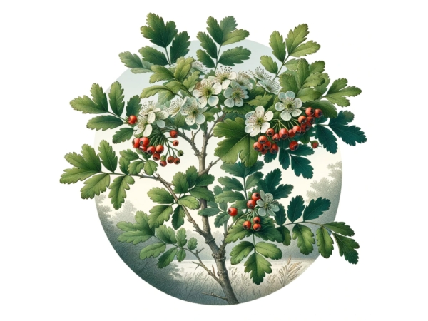 Capsule di biancospino con illustrazione botanica di fiori, foglie verdi e frutti rossi