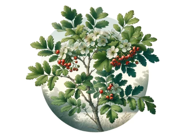 Weissdorn Kapseln mit botanischer Illustration von Blüten, grünen Blättern und roten Früchten