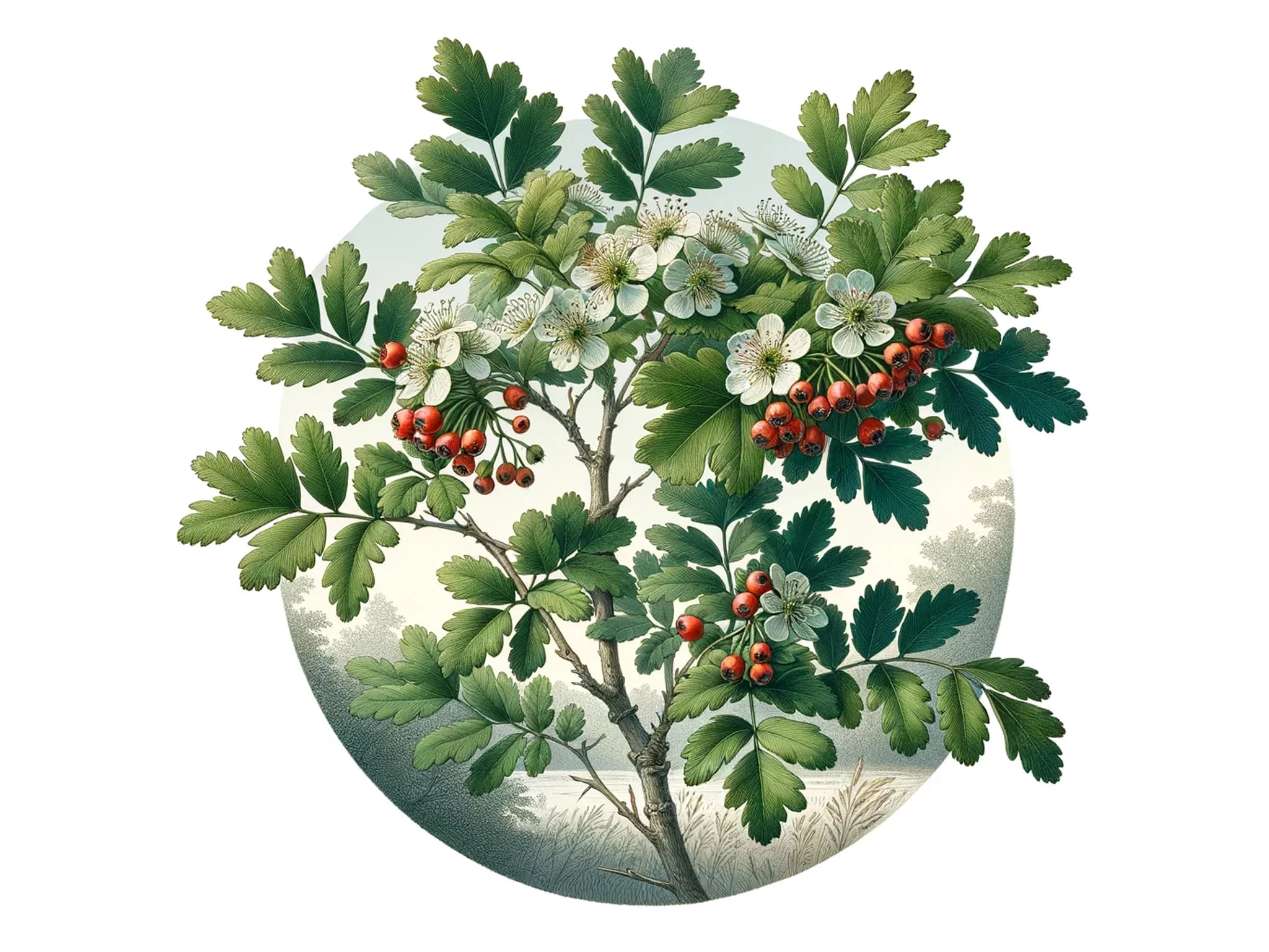 Weissdorn Kapseln mit botanischer Illustration von Blüten, grünen Blättern und roten Früchten