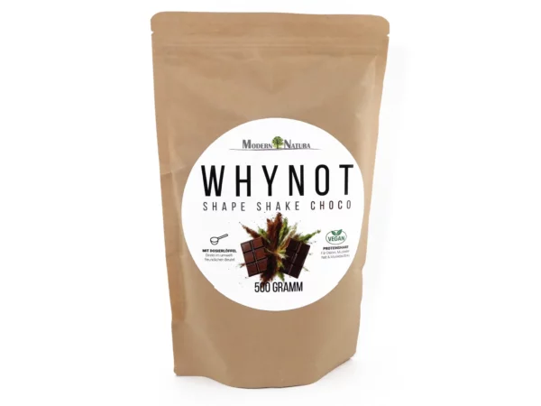 WhyNot Shape Shake Choco dans un sachet doypack marron avec étiquette ronde et motif chocolat