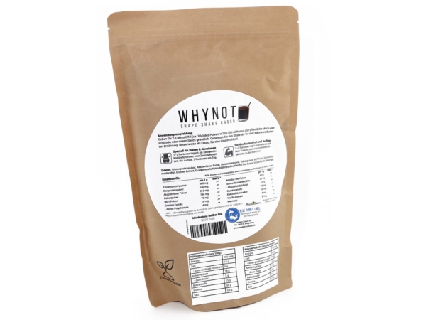 WhyNot Shape Shake Choco avec étiquette arrière, liste des ingrédients et tableau nutritionnel