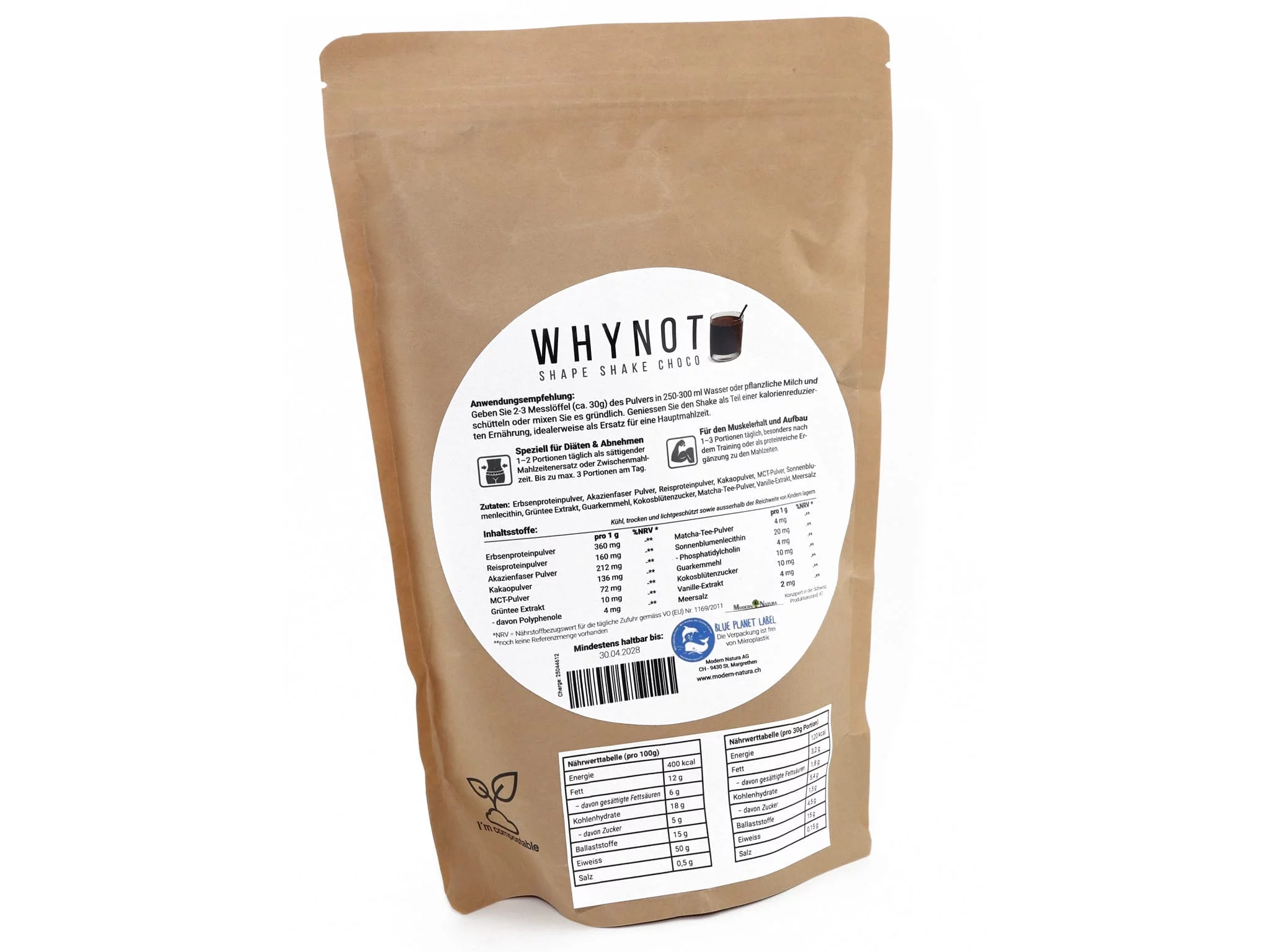WhyNot Shape Shake Choco avec étiquette arrière, liste des ingrédients et tableau nutritionnel