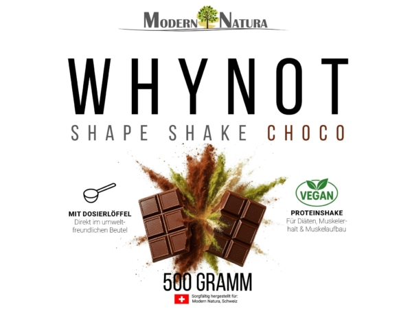 WhyNot Shape Shake Choco étiquette avec motif chocolat, label Vegan et cuillère doseuse