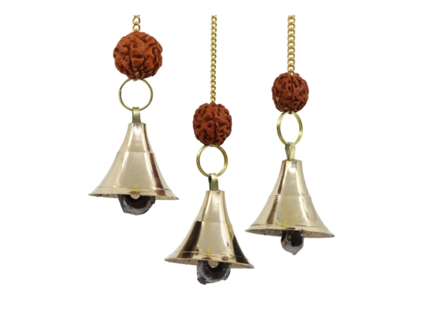 Flower of Life wind chime with three shiny brass bells and brown Rudraksha seeds in detail