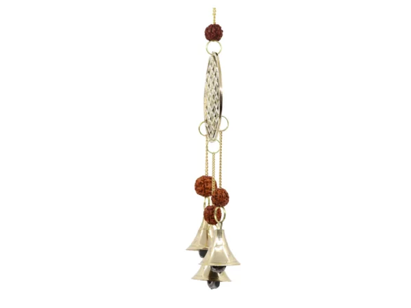 Blume des Lebens Windspiel aus Messing in schmaler Seitenansicht mit hängenden Glöckchen