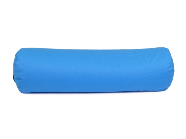 Bolster yoga Azur come cilindro azzurro chiaro in vista laterale completa su sfondo bianco