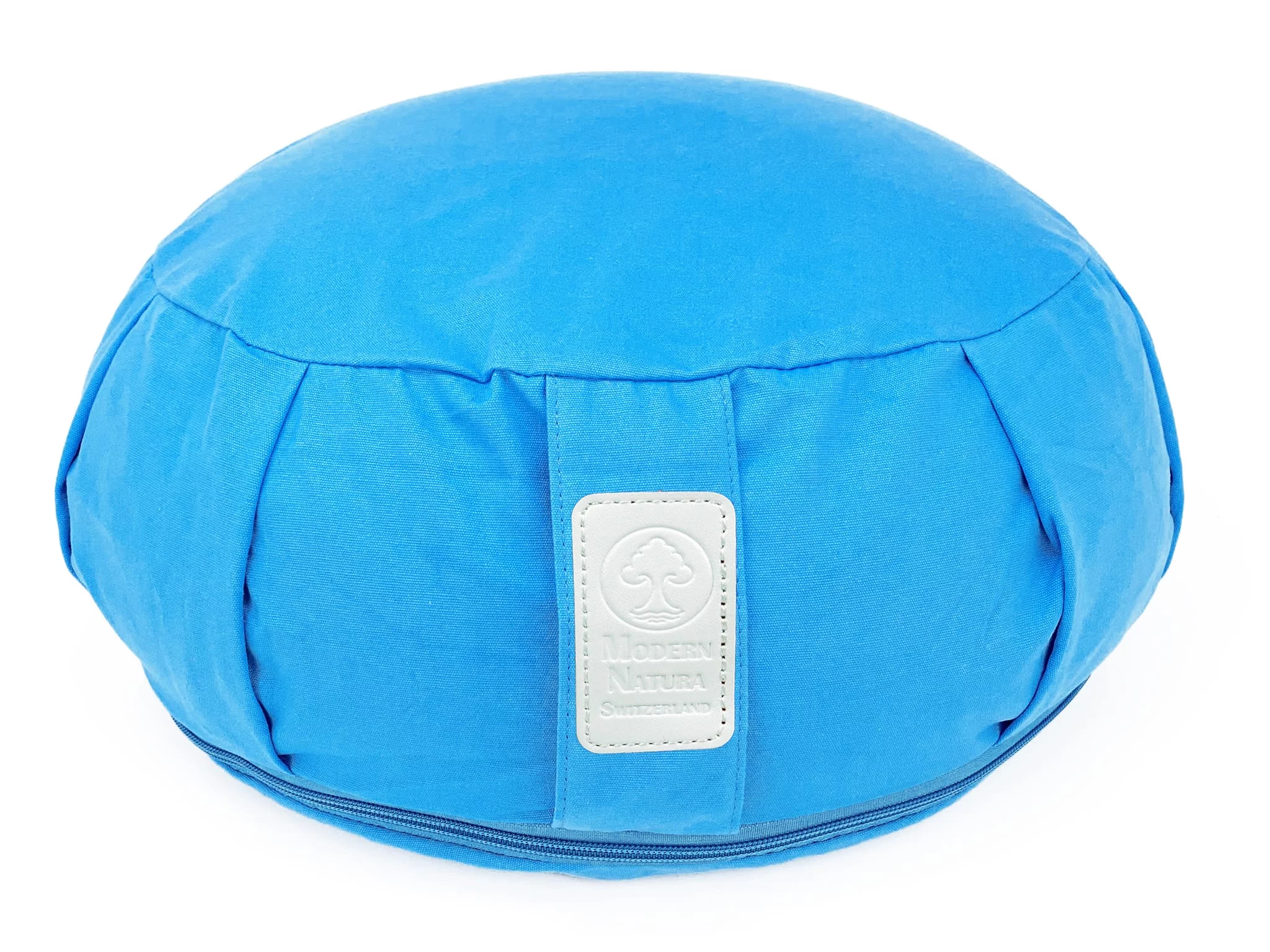 Coussin de yoga Azur en bleu clair, coussin de méditation rond avec boucle de transport visible et étiquette logo