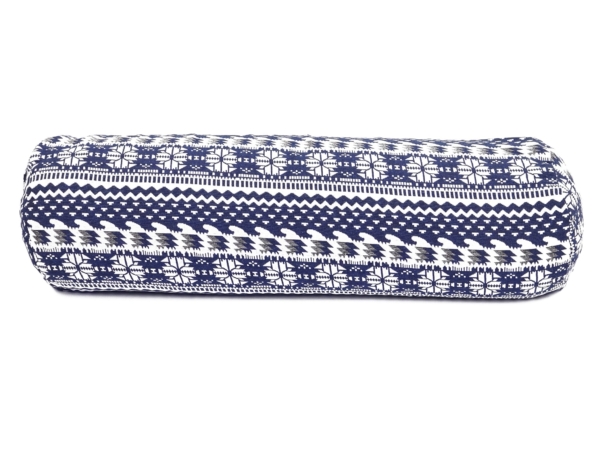 Blue Moon yoga bolster in a wide side view with a blue and white geometric pattern