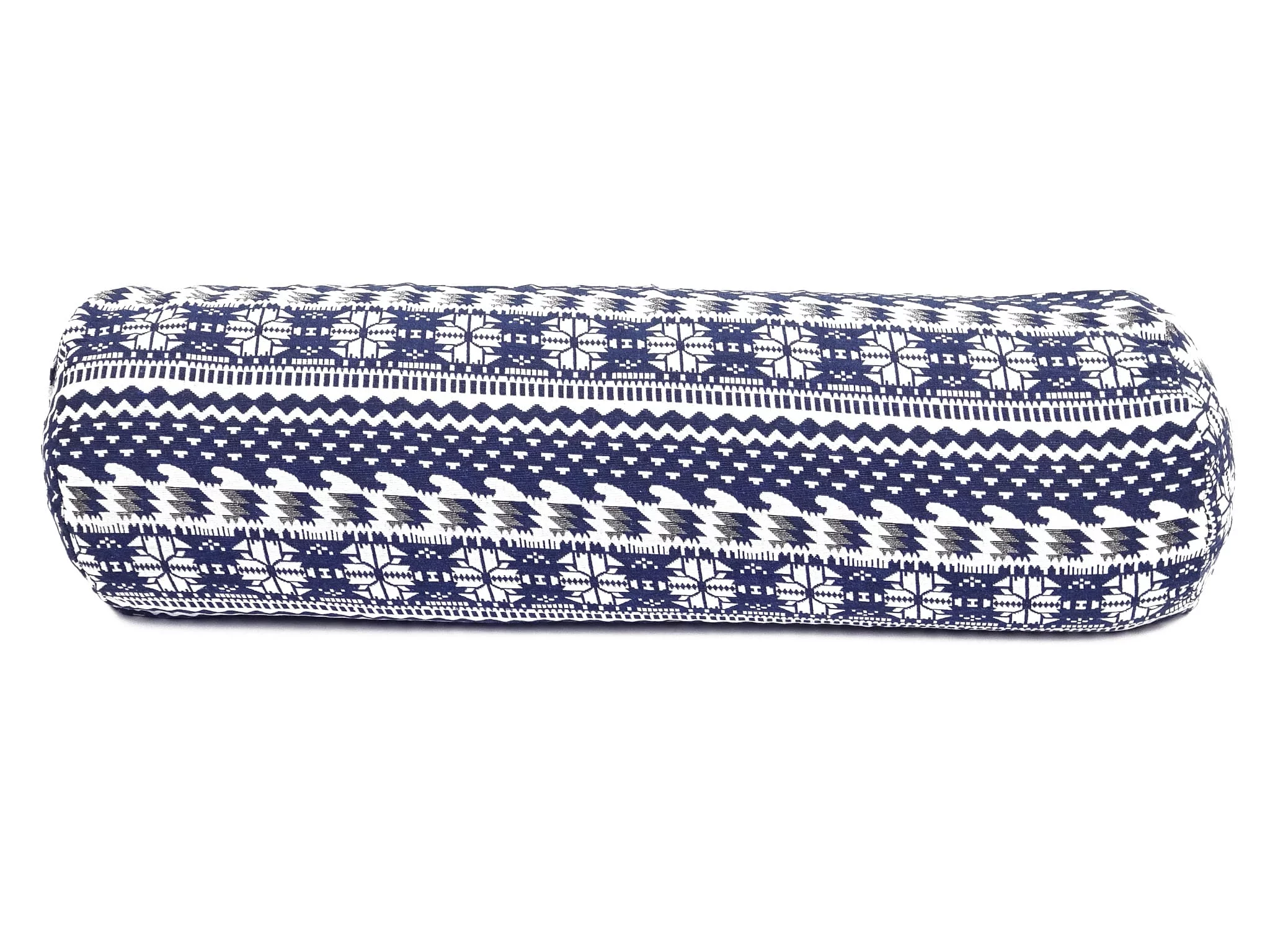 Yogabolster Blue Moon in breiter Seitenansicht mit blau-weissem geometrischem Muster