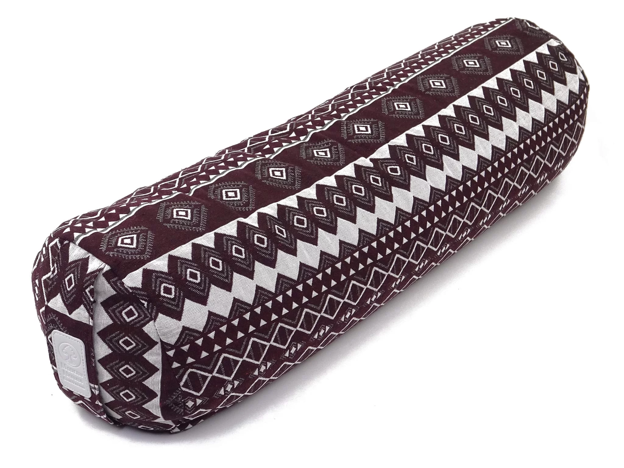 Yogabolster Egypt als runde dunkelrote Yoga Rolle mit weissem geometrischem Muster