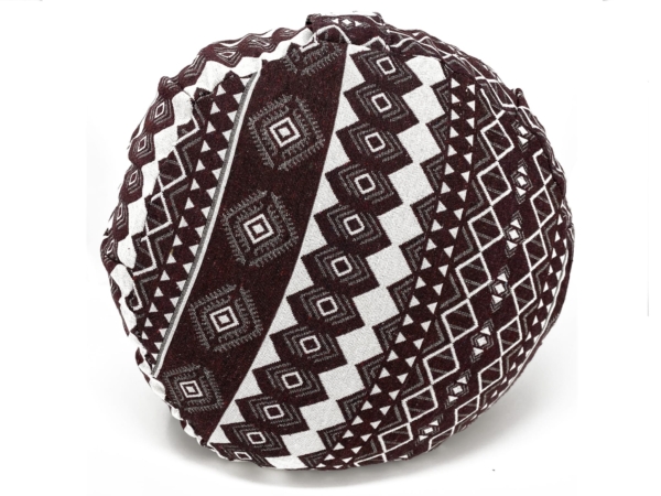 Cuscino yoga Egypt in forma rotonda con motivo bordeaux e bianco visto dall’alto