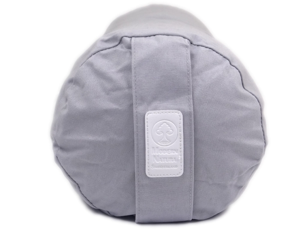 Bolster de yoga Mouse en gris clair avec face ronde, poignée de transport et écusson de marque
