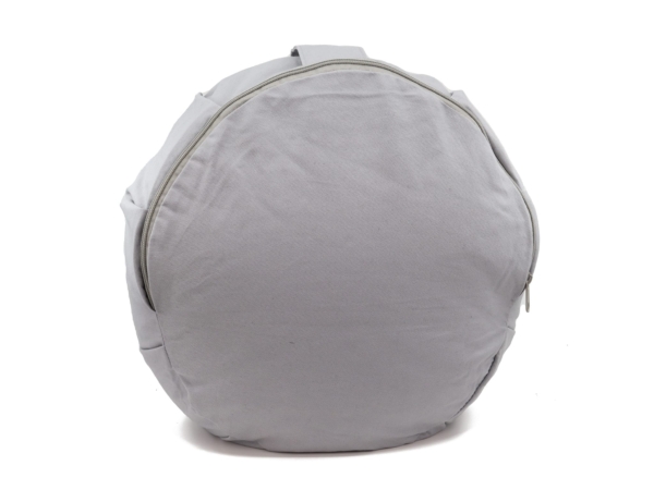 Mouse yoga cushion in light gray with round seat surface, zipper, and carrying loop