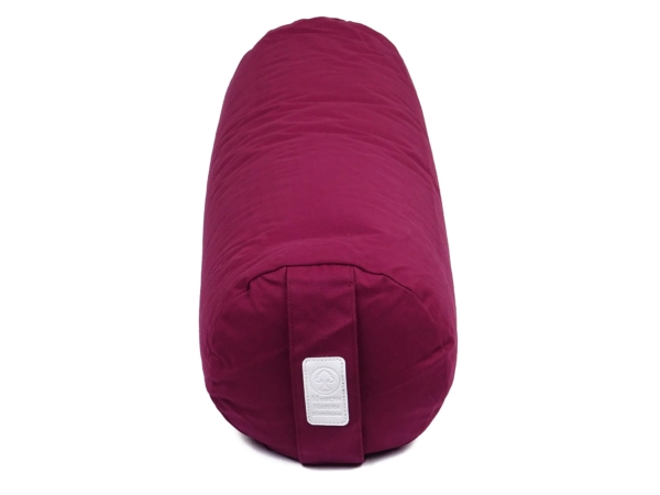 Traversin de yoga Vino en rouge vin vu de dessus avec sangle de transport visible et étiquette de marque claire