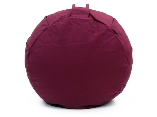 Coussin de yoga Vino en rouge vin, vue arrière du coussin rond avec sangle de transport cousue