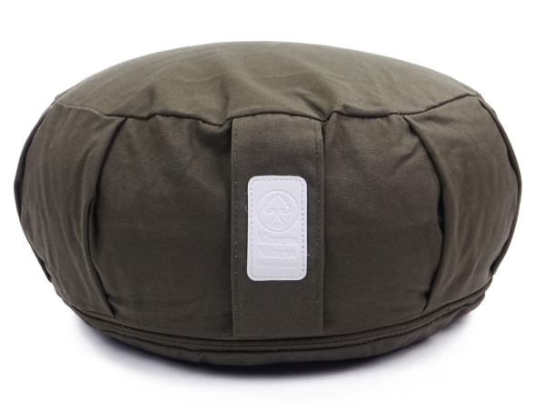 Set Yoga Vulcano cuscino yoga in grigio scuro con cerniera perimetrale ed etichetta del marchio bianca