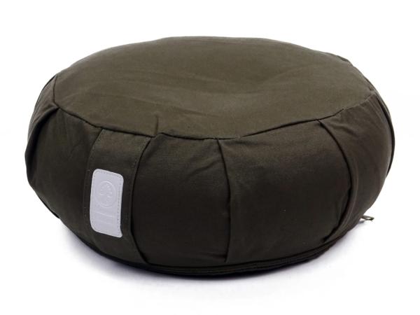 Set Yoga Vulcano cuscino yoga rotondo in grigio scuro con cerniera visibile sul bordo inferiore