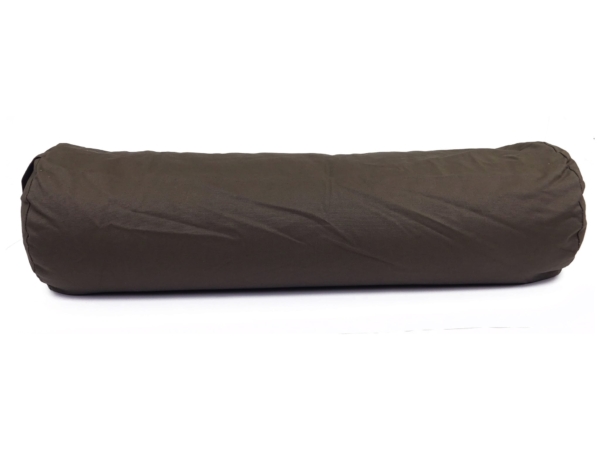 Bolster yoga Vulcano in grigio scuro come lungo rotolo yoga sdraiato lateralmente su sfondo bianco