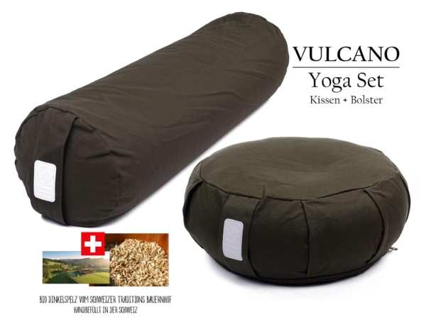 Set Yoga Vulcano con cuscino e bolster scuri e indicazione di pula di farro biologico svizzero