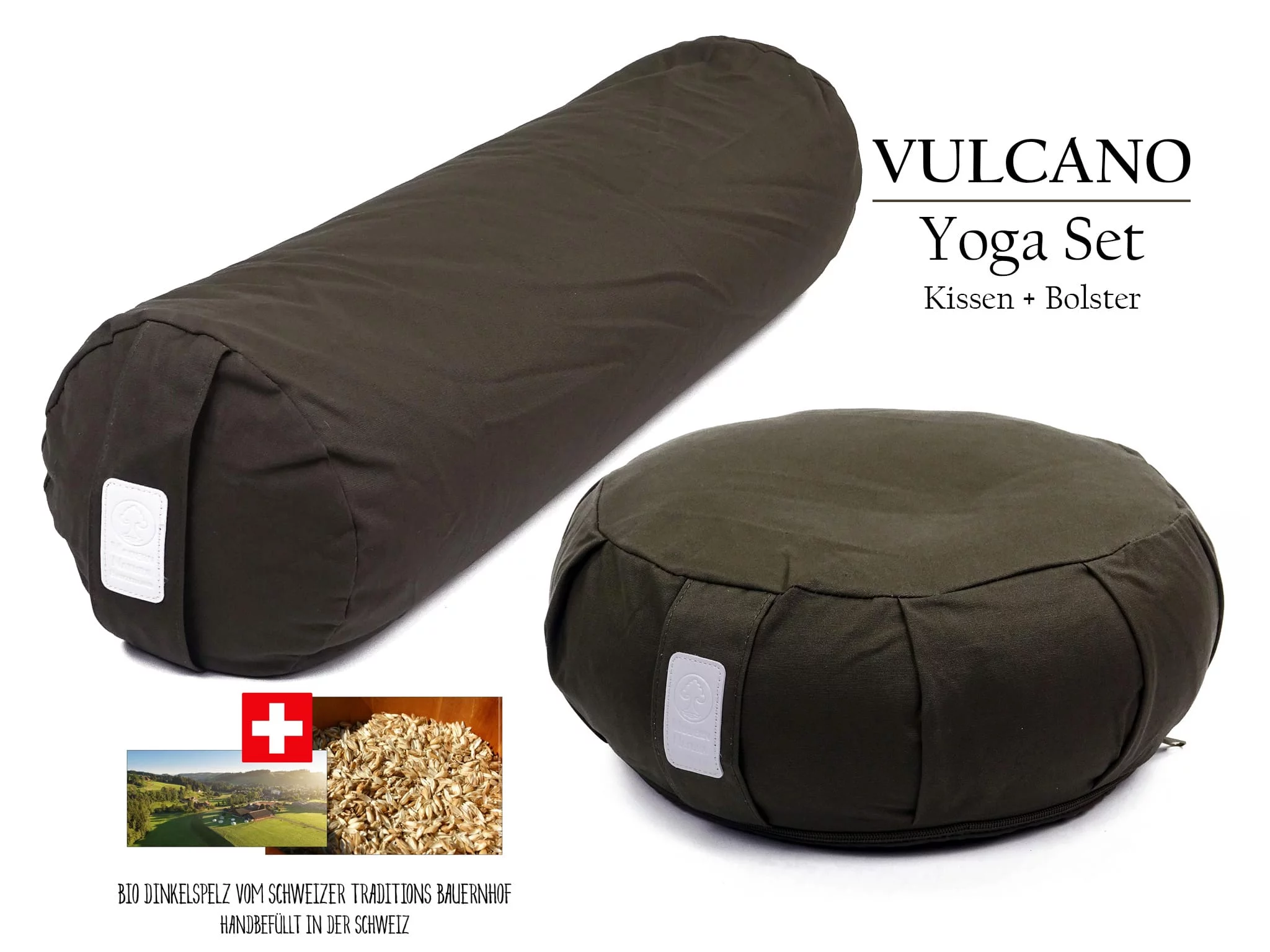 Set de yoga Vulcano avec coussin et bolster sombres ainsi qu’une mention sur les balles d’épeautre bio suisses