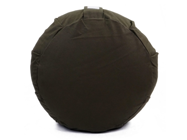 Set Yoga Vulcano cuscino yoga rotondo in grigio scuro visto da sotto con passante per il trasporto cucito
