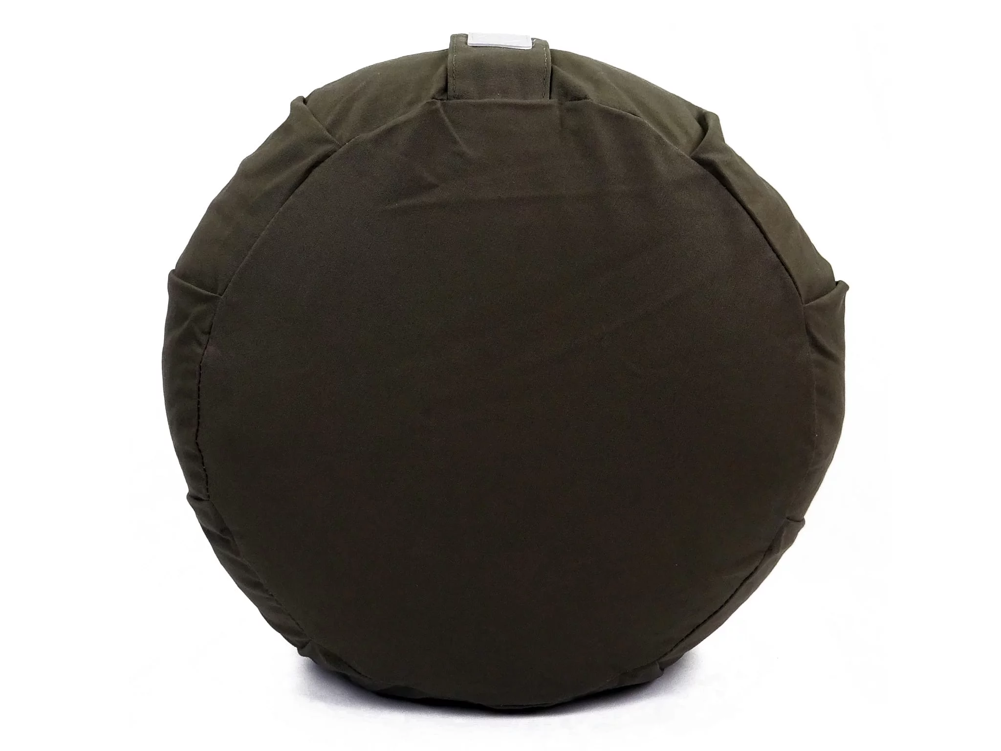 Set de yoga Vulcano coussin de yoga rond en gris foncé vu du dessous avec sangle de transport cousue