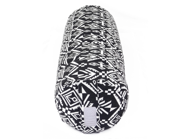 Bolster yoga Zebra con motivo bianco e nero ed etichetta del marchio sul lato frontale