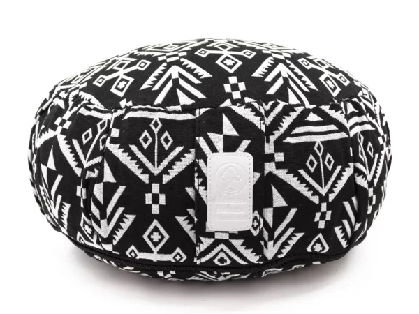 Yogakissen Zebra rund mit schwarz-weissem Muster, Reissverschluss und Markenlabel