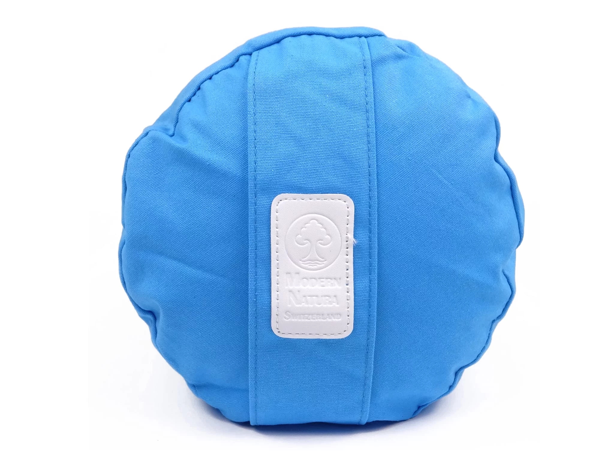 Yogabolster Azur mit Detailansicht des runden Endes, der Nähte und des weissen Markenlabels