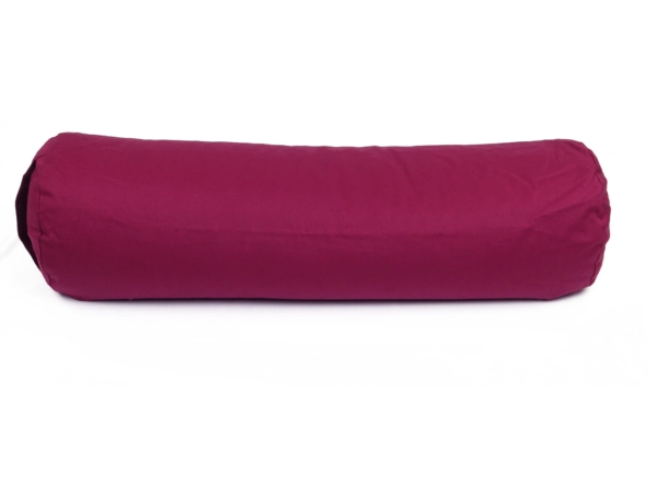 Yogabolster Vino in burgundy as a full side view of the long round shape on a white background
