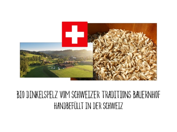 Yogabolster Vino with organic spelt husks from Switzerland, shown with farm landscape and Swiss cross