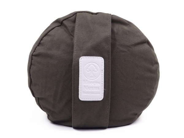 Yogabolster Vulcano in grigio scuro con vista frontale del lato rotondo e asola di trasporto