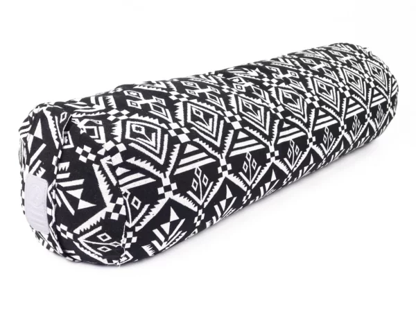 Yogabolster Zebra als schräge Seitenansicht mit Musterbezug und hellem Markenlabel