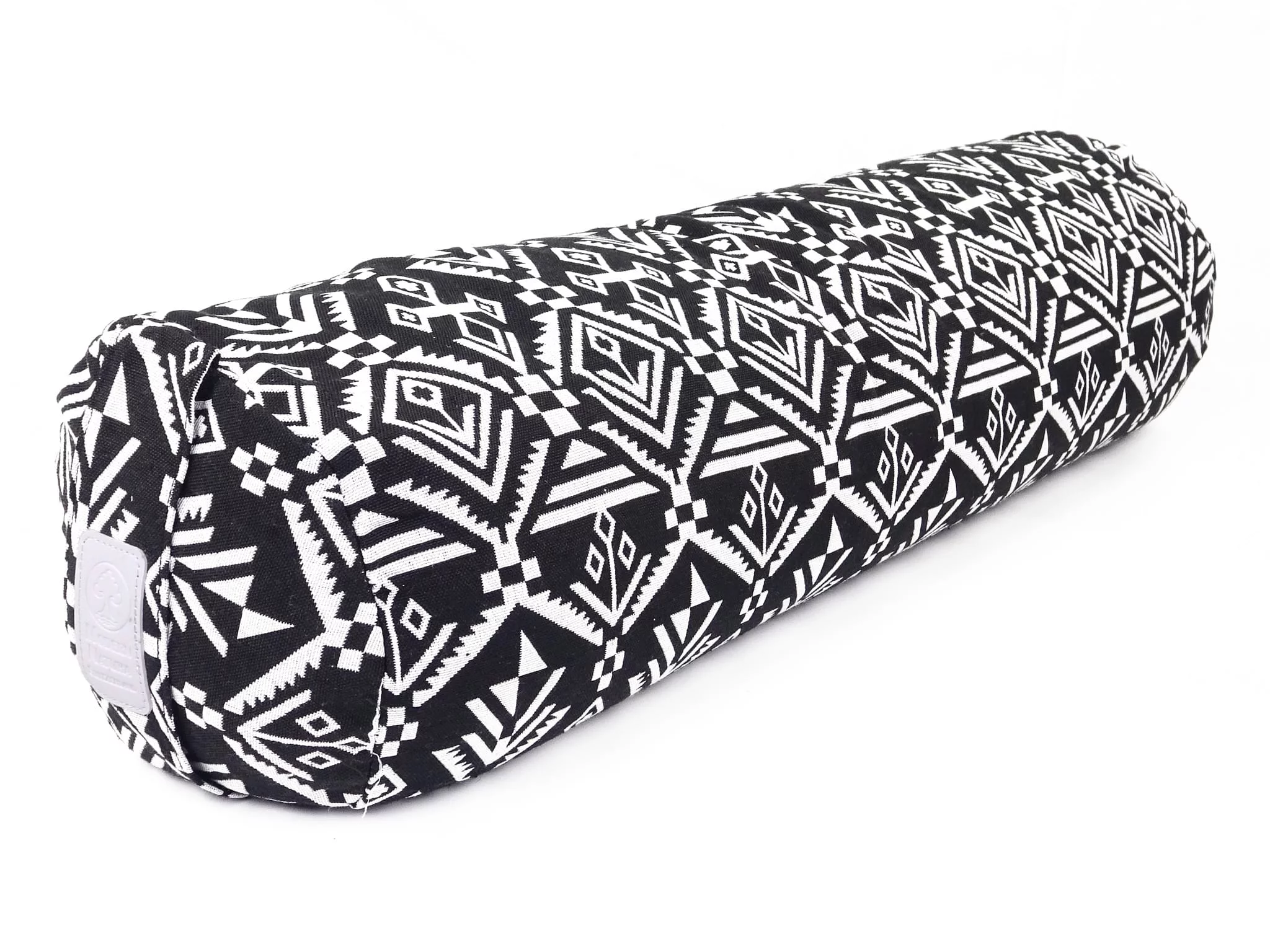 Yogabolster Zebra als schräge Seitenansicht mit Musterbezug und hellem Markenlabel