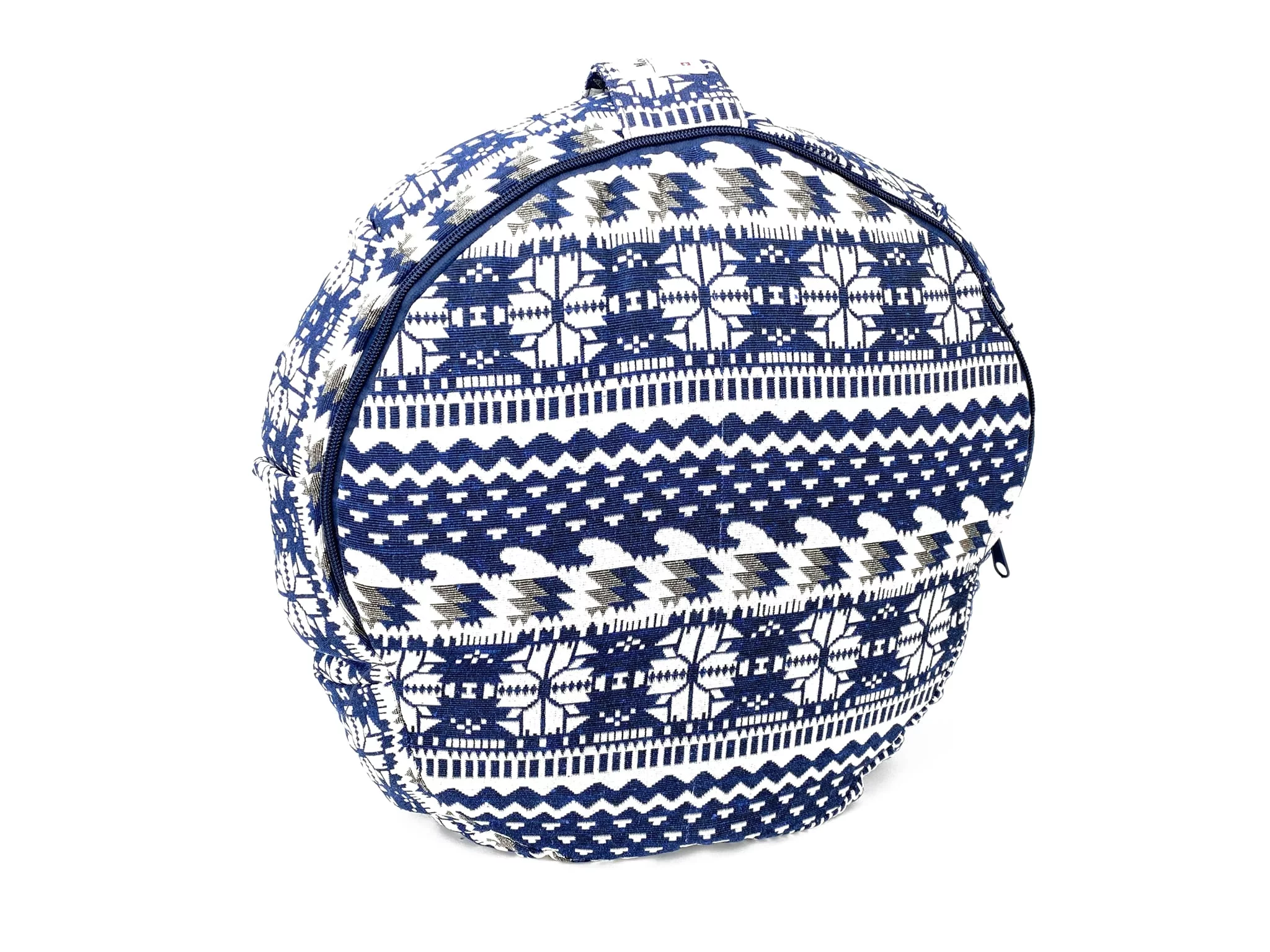 Cuscino yoga Blue Moon con fodera a motivi blu-bianchi e cerniera aperta