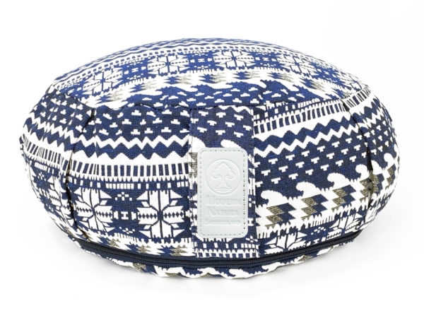 Cuscino yoga Blue Moon rotondo con motivo blu-bianco, etichetta del marchio e cerniera perimetrale
