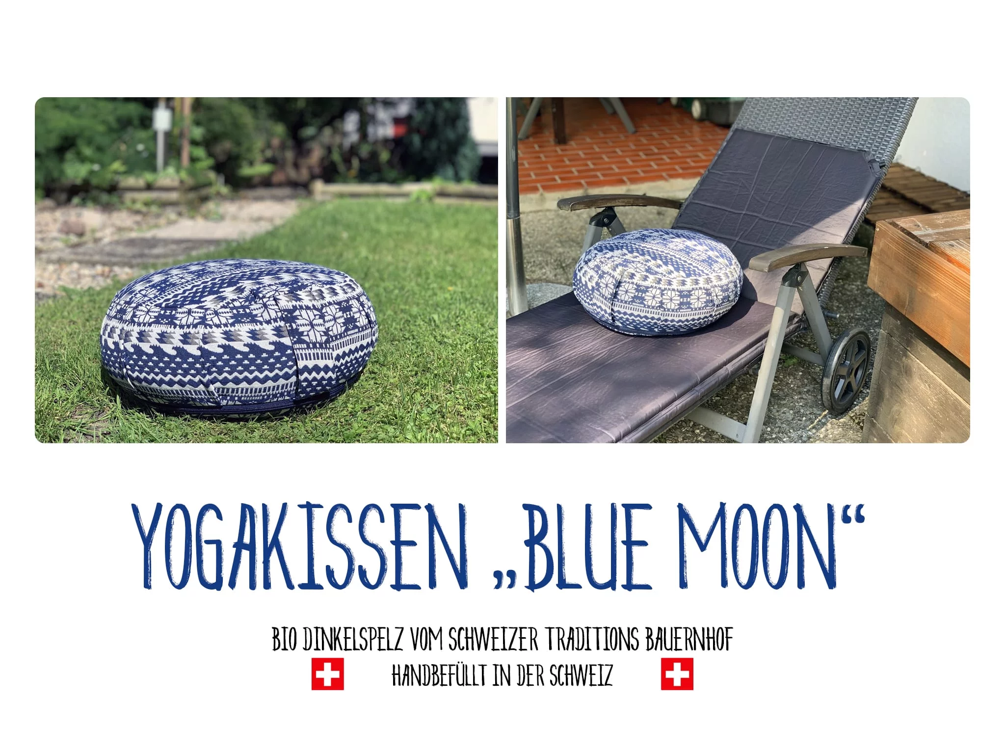 Cuscino yoga Blue Moon in giardino sul prato e come cuscino da seduta su un lettino