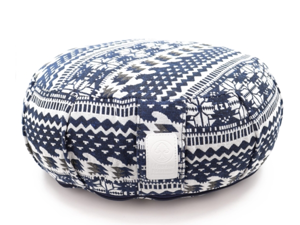 Cuscino yoga Blue Moon rotondo con fodera a motivi blu-bianchi
